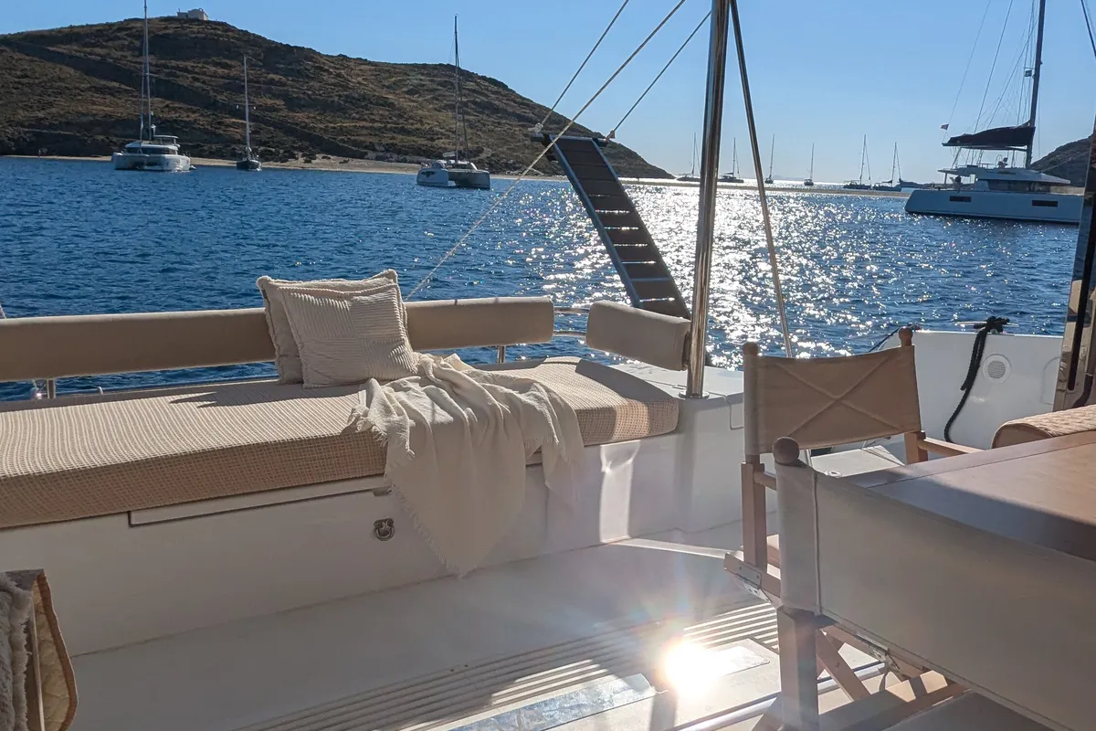 Deck of Leo, a Bali 4.2 catamaran at Lavreotiki Municipal Unit, Greece