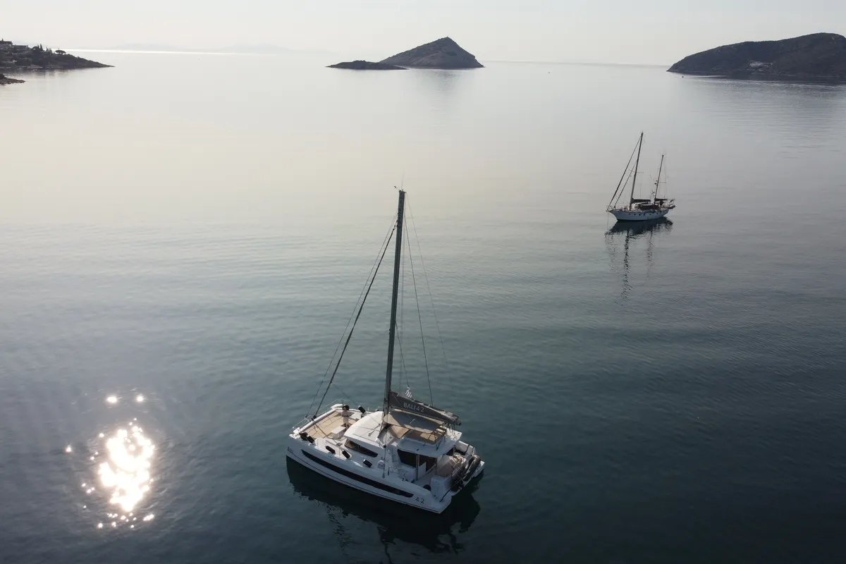 Exterior view of Leo, a Bali 4.2 catamaran at Lavreotiki Municipal Unit, Greece