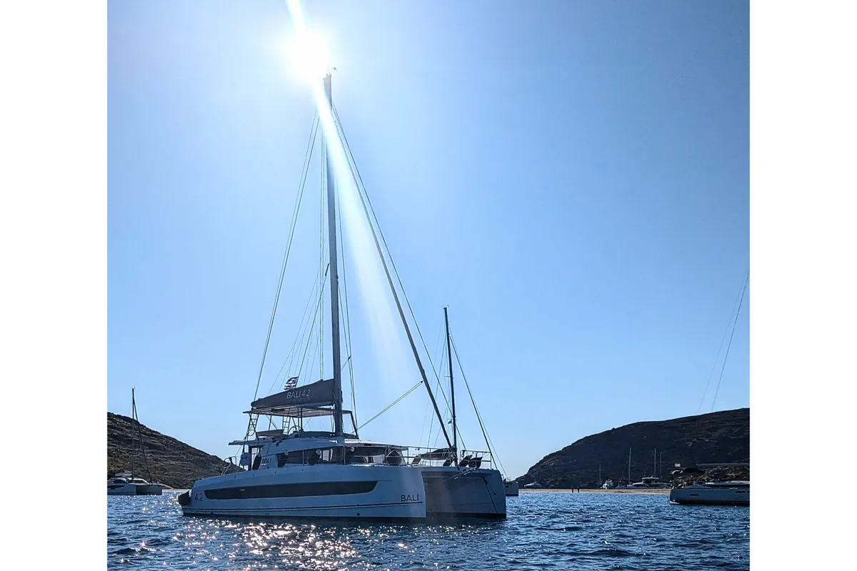 Exterior view of Leo, a Bali 4.2 catamaran at Lavreotiki Municipal Unit, Greece