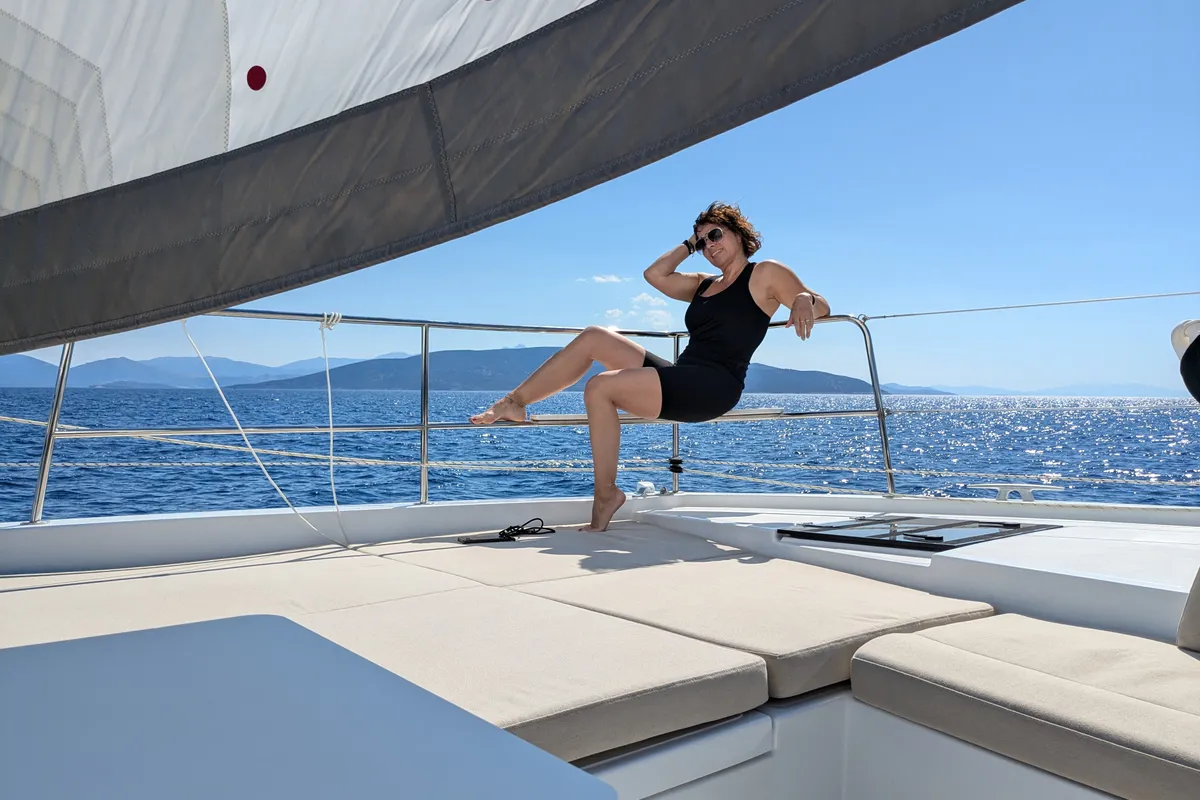 Deck of Leo, a Bali 4.2 catamaran at Lavreotiki Municipal Unit, Greece