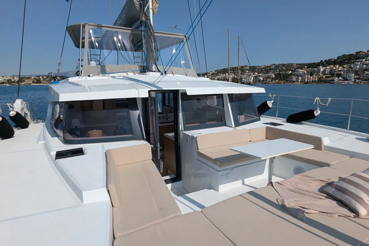 Deck of Leo, a Bali 4.2 catamaran at Lavreotiki Municipal Unit, Greece