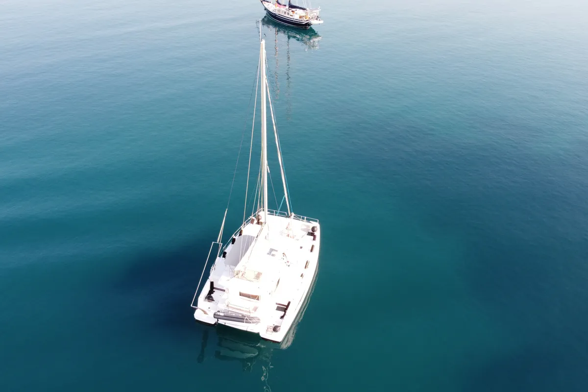 Exterior view of Leo, a Bali 4.2 catamaran at Lavreotiki Municipal Unit, Greece