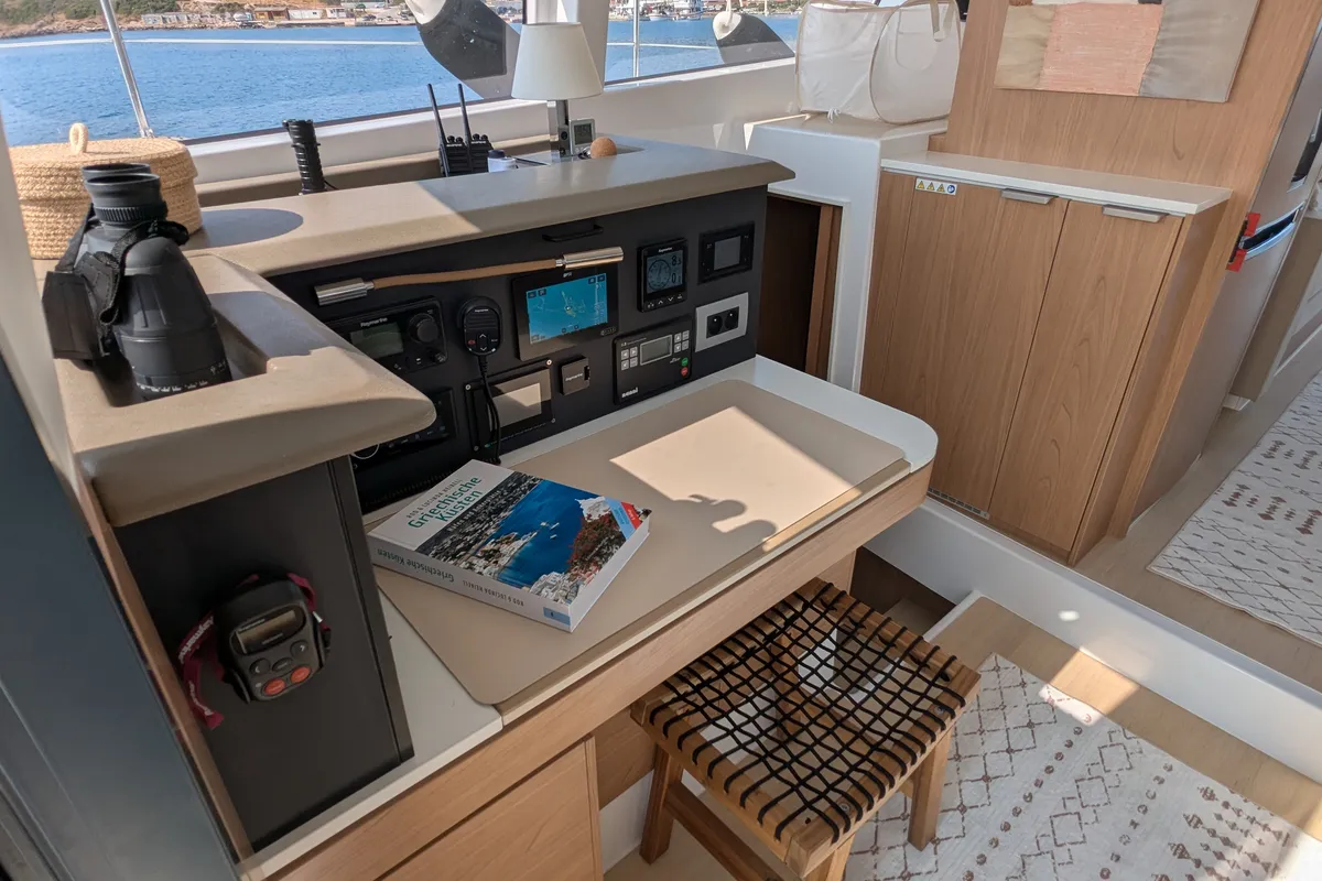 Cockpit of Leo, a Bali 4.2 catamaran at Lavreotiki Municipal Unit, Greece