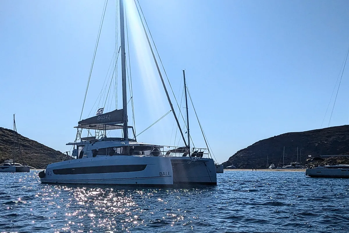 Exterior view of Leo, a Bali 4.2 catamaran at Lavreotiki Municipal Unit, Greece