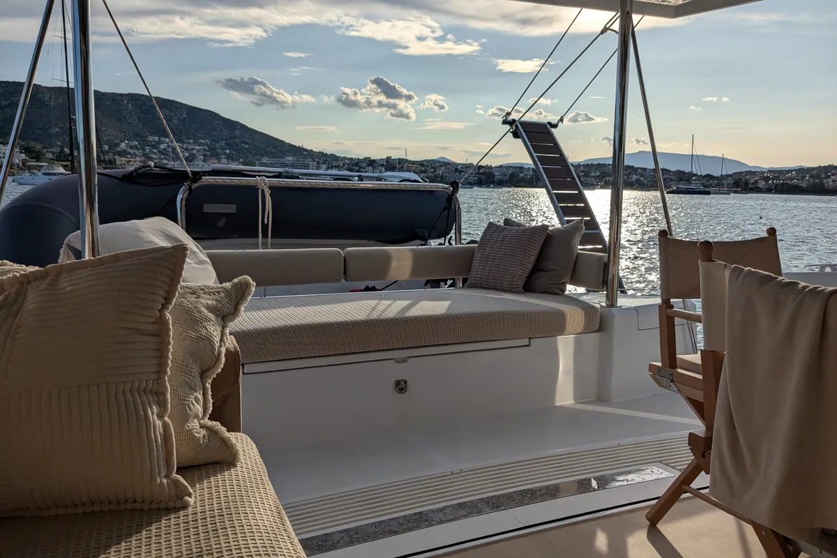 Deck of Leo, a Bali 4.2 catamaran at Lavreotiki Municipal Unit, Greece