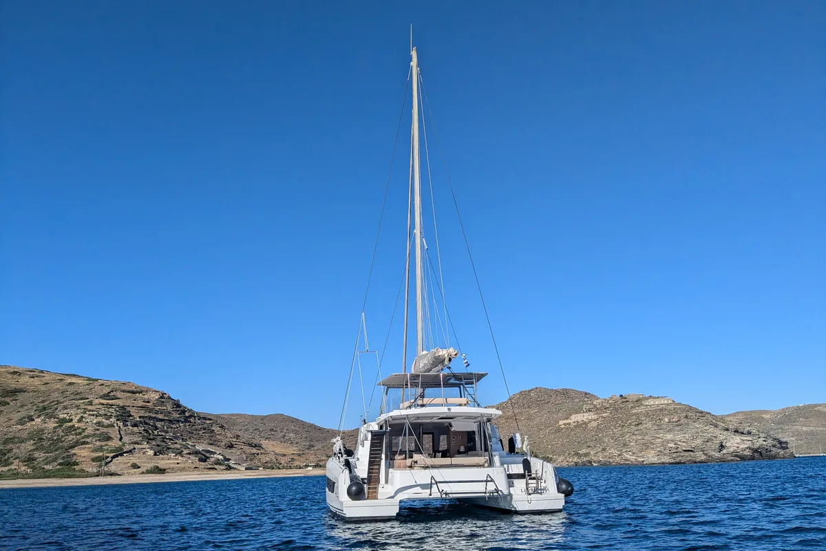 Exterior view of Leo, a Bali 4.2 catamaran at Lavreotiki Municipal Unit, Greece