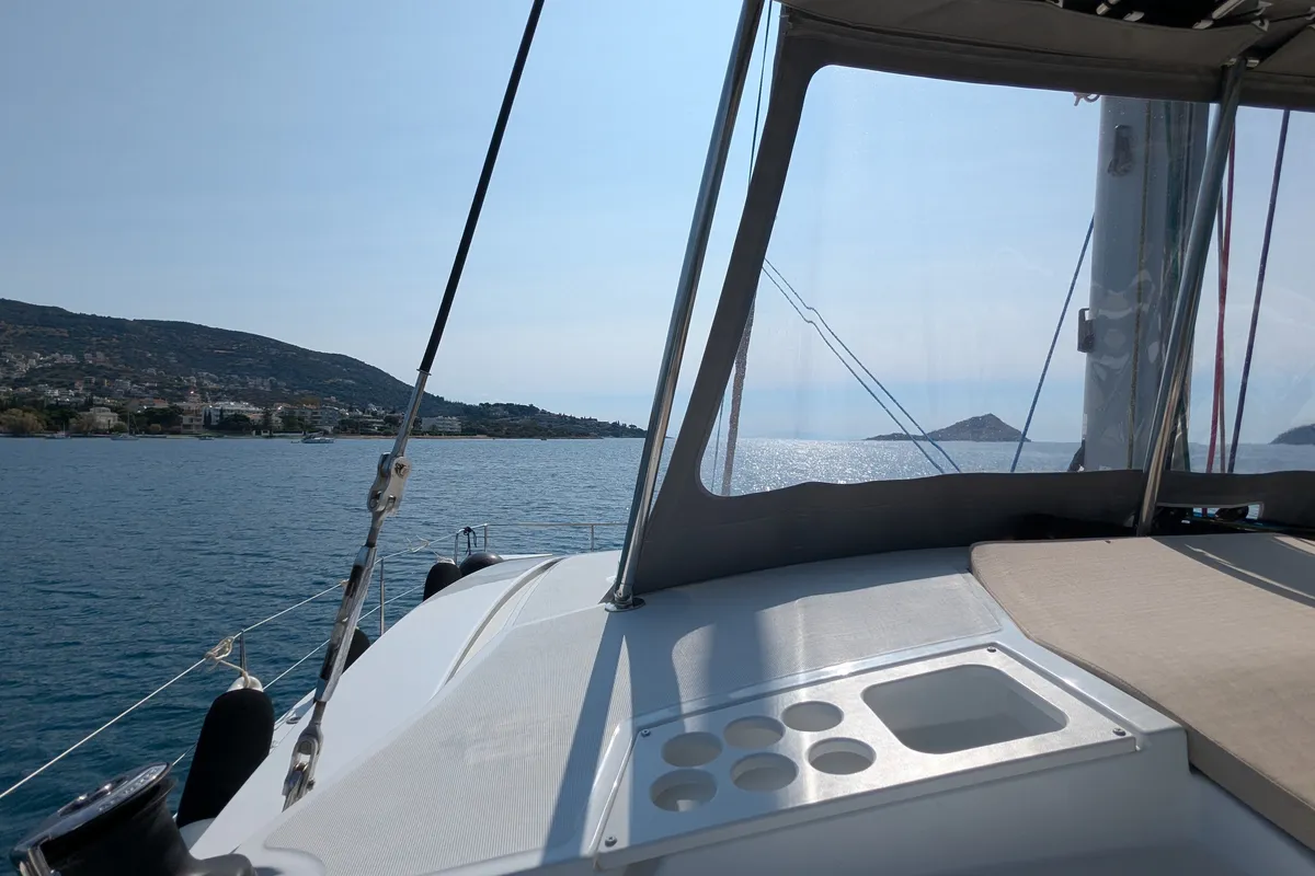 Deck of Leo, a Bali 4.2 catamaran at Lavreotiki Municipal Unit, Greece