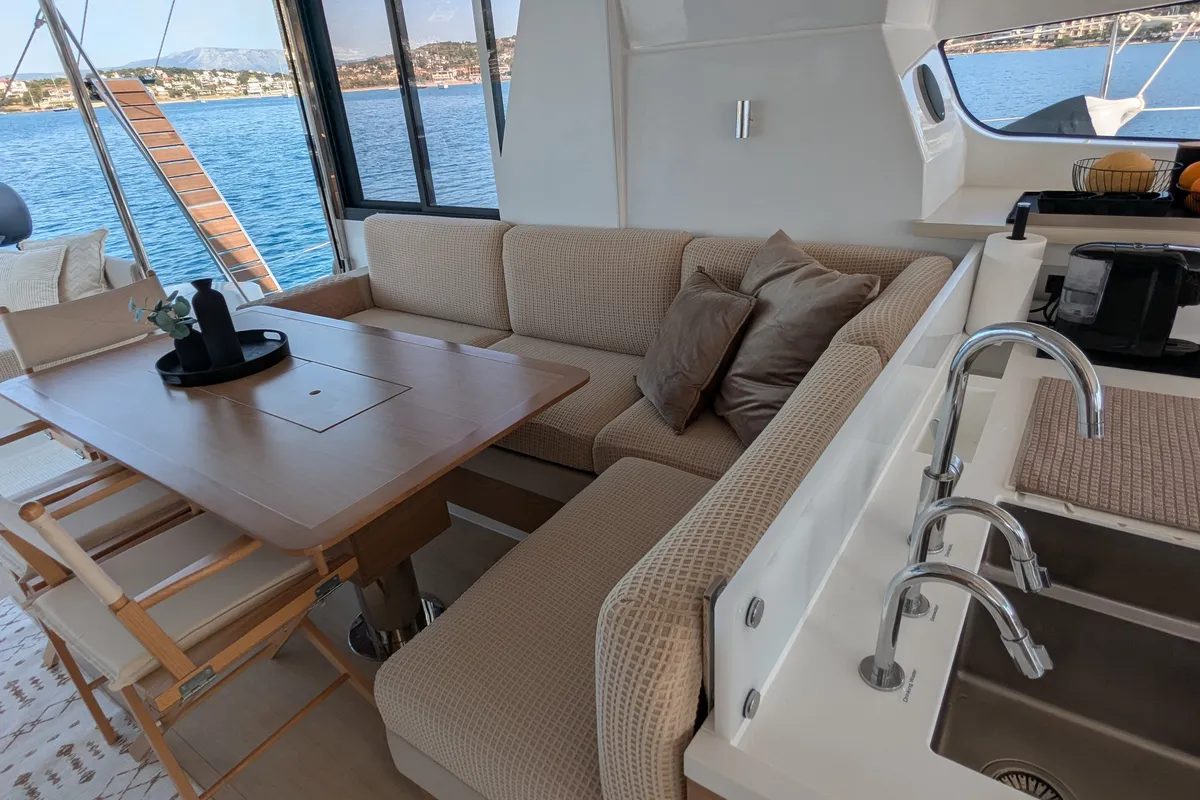 Salon of Leo, a Bali 4.2 catamaran at Lavreotiki Municipal Unit, Greece
