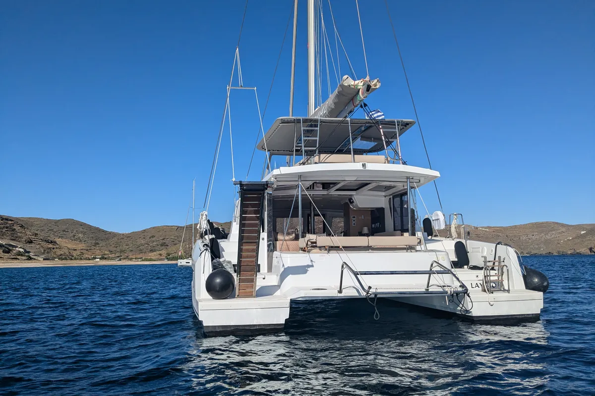 Exterior view of Leo, a Bali 4.2 catamaran at Lavreotiki Municipal Unit, Greece