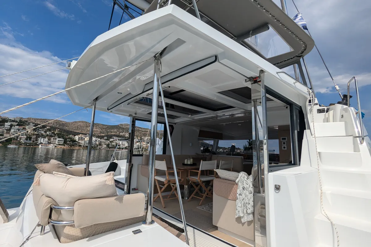 Deck of Leo, a Bali 4.2 catamaran at Lavreotiki Municipal Unit, Greece