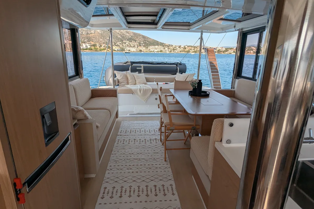 Deck of Leo, a Bali 4.2 catamaran at Lavreotiki Municipal Unit, Greece