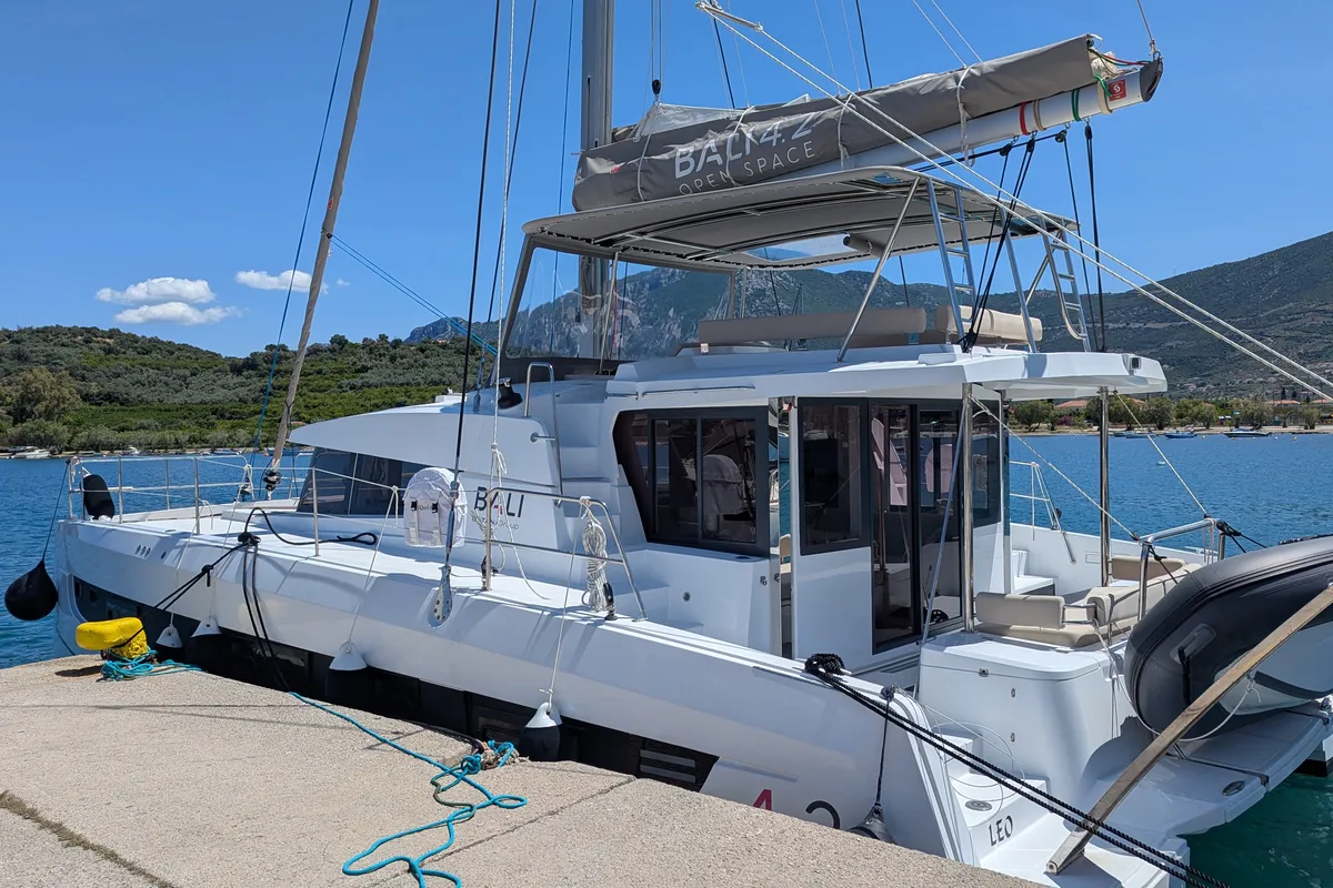 Exterior view of Leo, a Bali 4.2 catamaran at Lavreotiki Municipal Unit, Greece