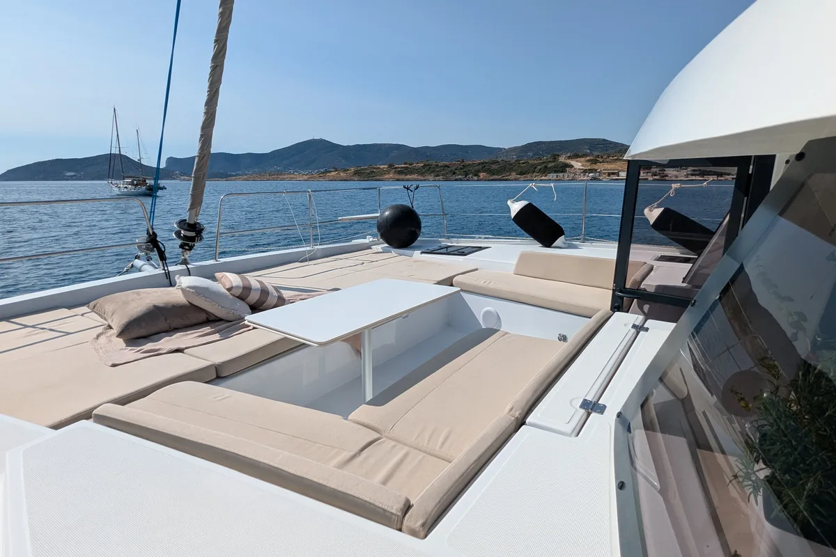 Deck of Leo, a Bali 4.2 catamaran at Lavreotiki Municipal Unit, Greece