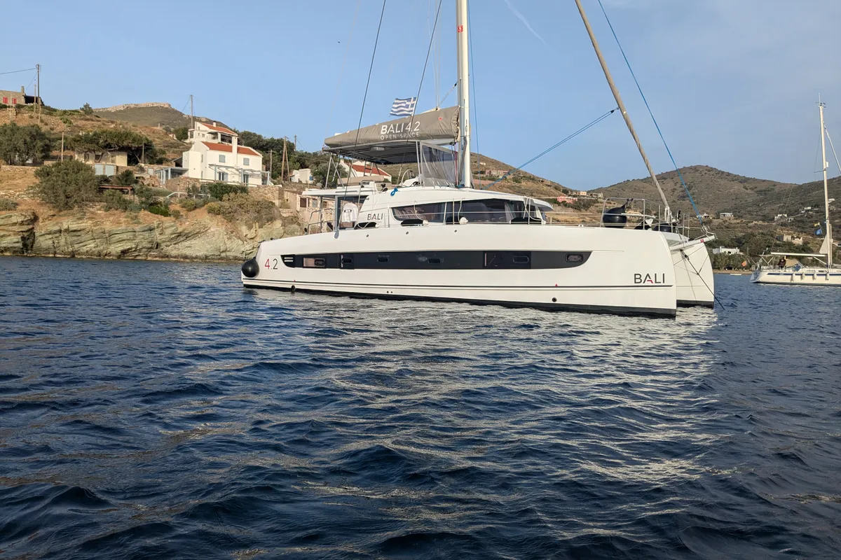 Exterior view of Leo, a Bali 4.2 catamaran at Lavreotiki Municipal Unit, Greece