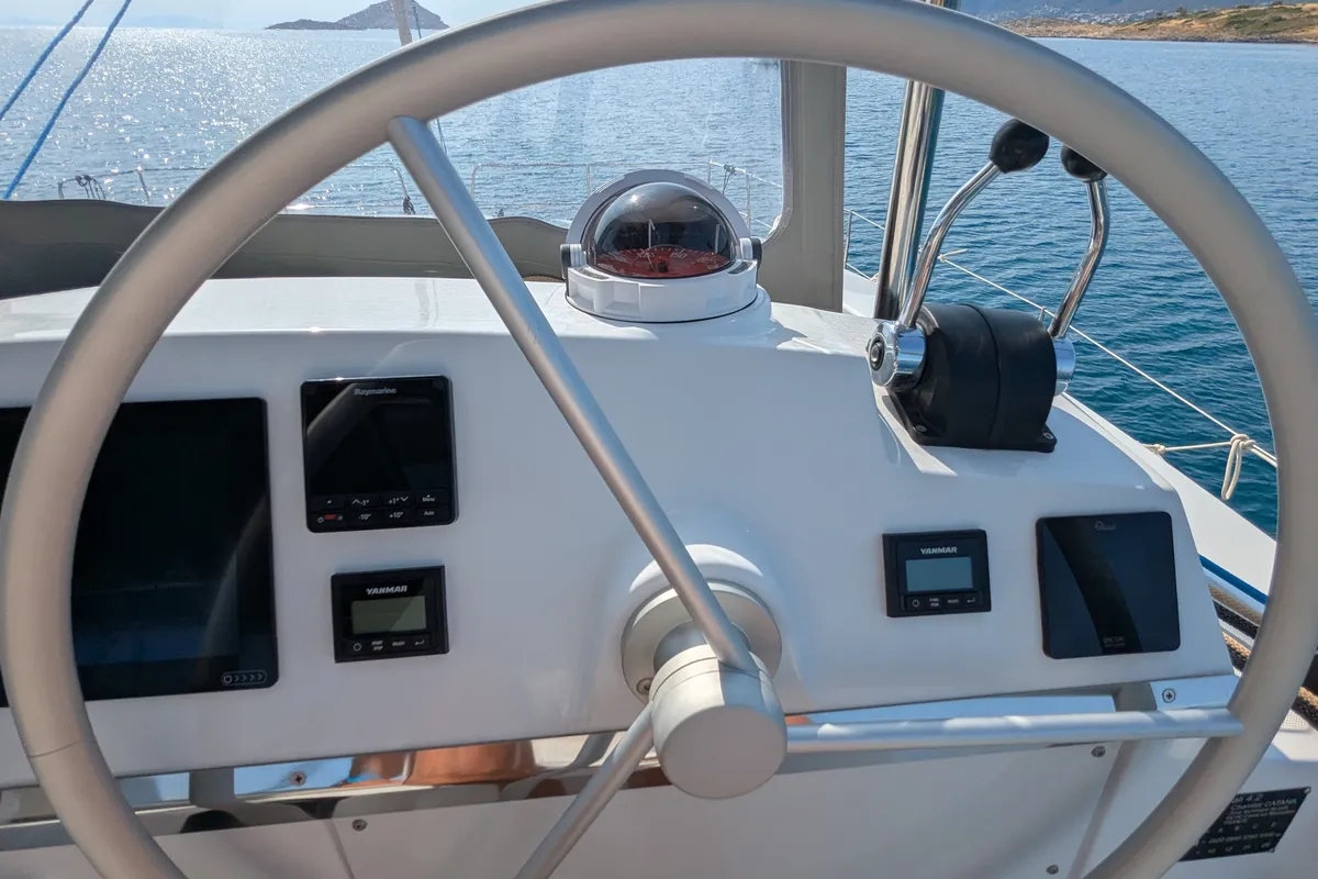 Cockpit of Leo, a Bali 4.2 catamaran at Lavreotiki Municipal Unit, Greece