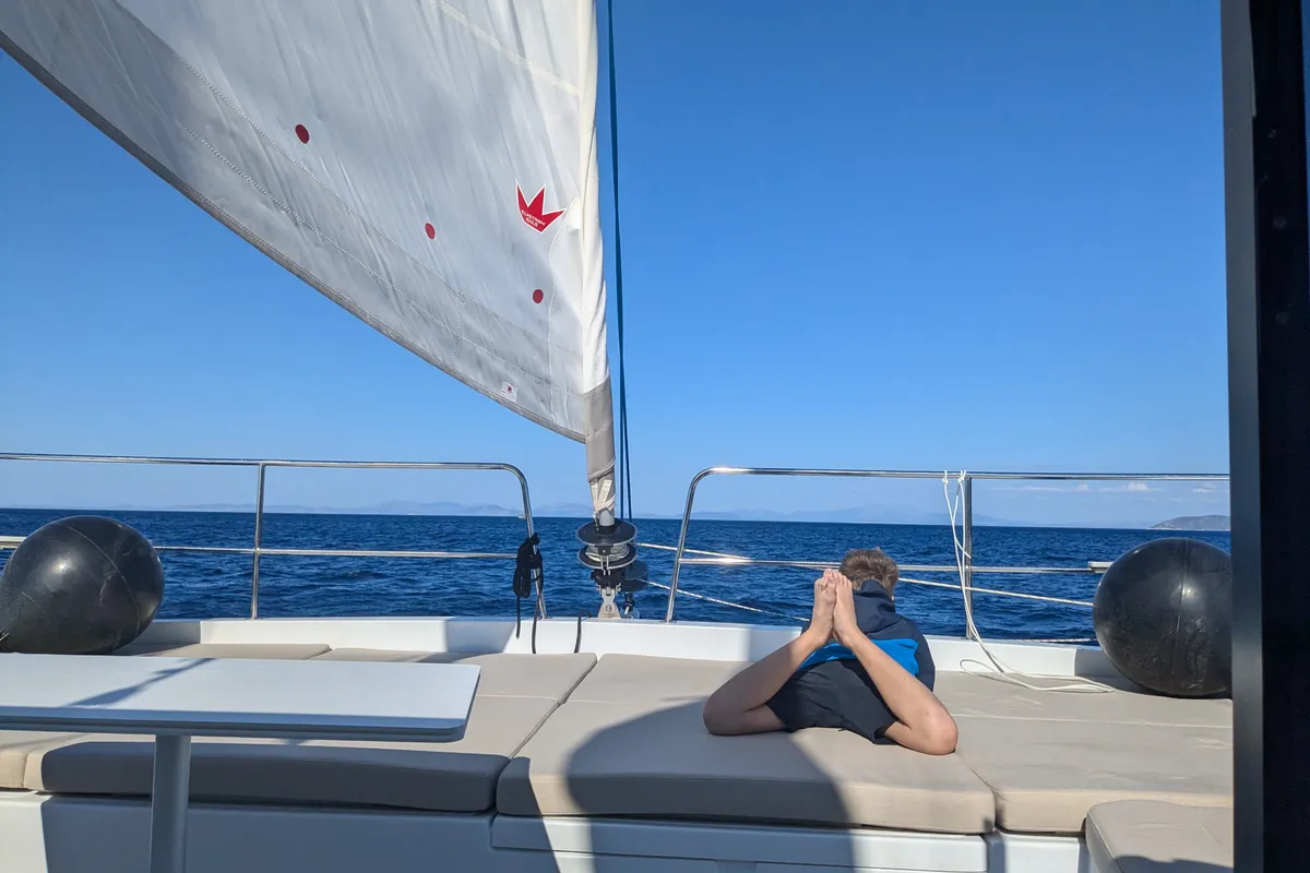 Deck of Leo, a Bali 4.2 catamaran at Lavreotiki Municipal Unit, Greece