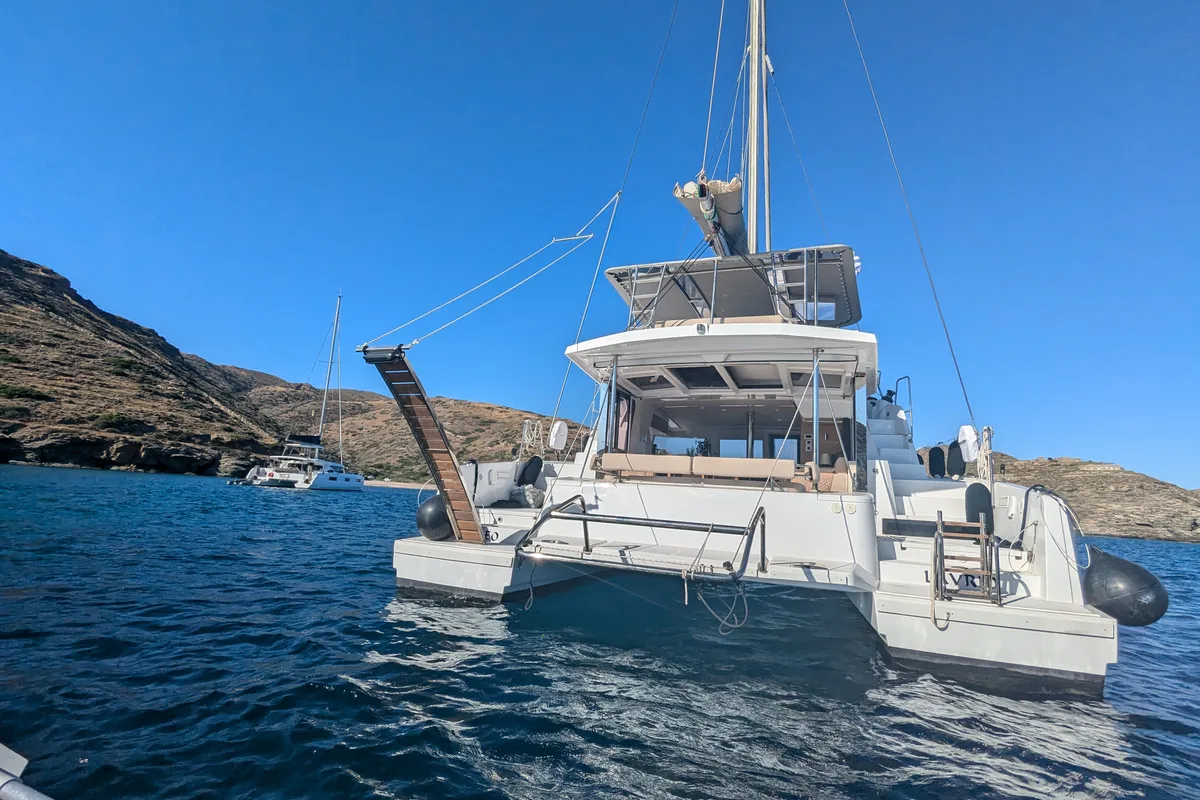 Exterior view of Leo, a Bali 4.2 catamaran at Lavreotiki Municipal Unit, Greece