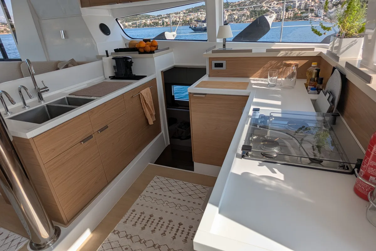 Galley of Leo, a Bali 4.2 catamaran at Lavreotiki Municipal Unit, Greece