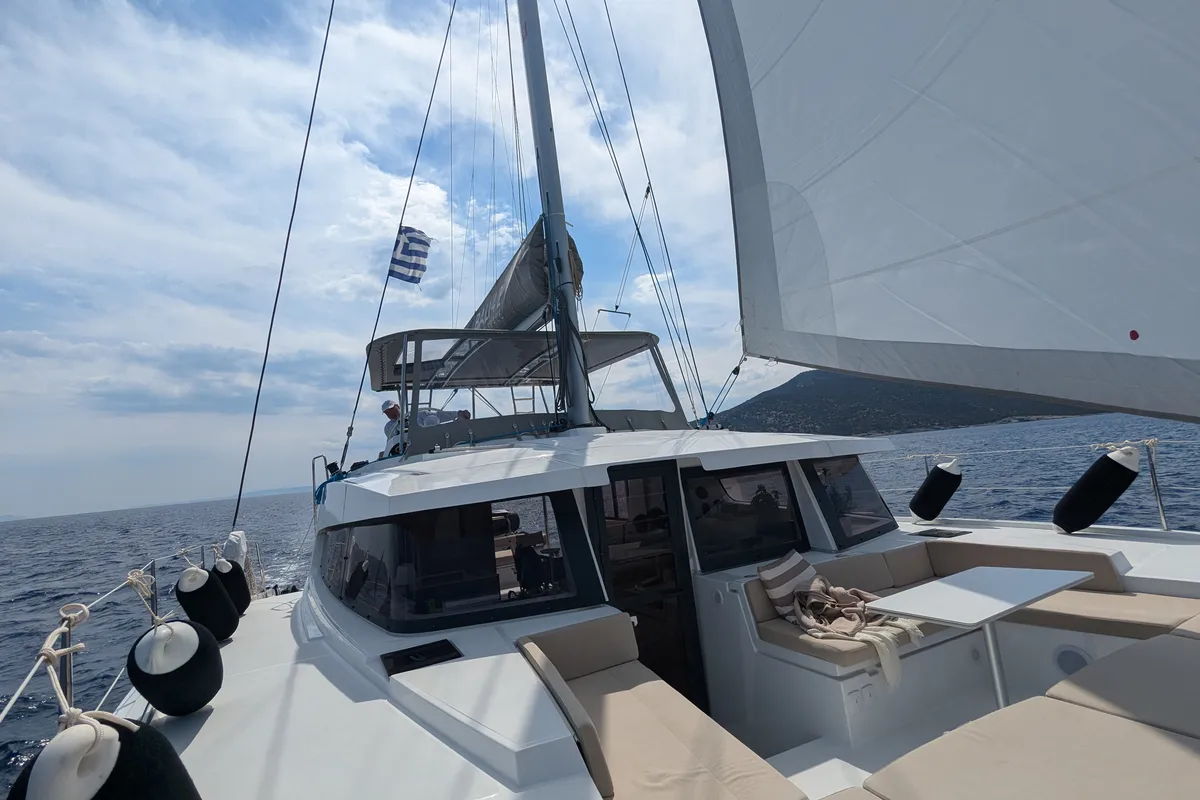 Deck of Leo, a Bali 4.2 catamaran at Lavreotiki Municipal Unit, Greece