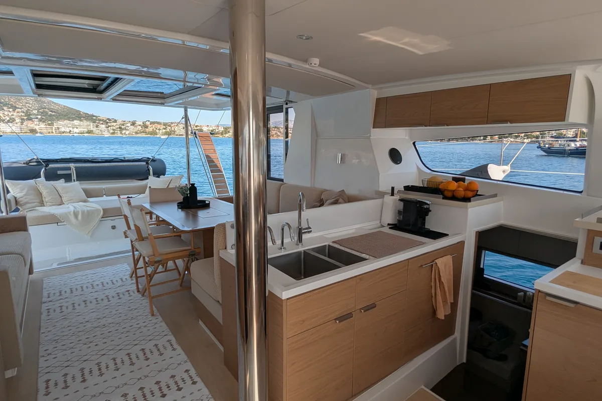 Galley of Leo, a Bali 4.2 catamaran at Lavreotiki Municipal Unit, Greece