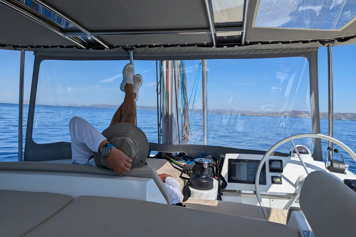 Cockpit of Leo, a Bali 4.2 catamaran at Lavreotiki Municipal Unit, Greece
