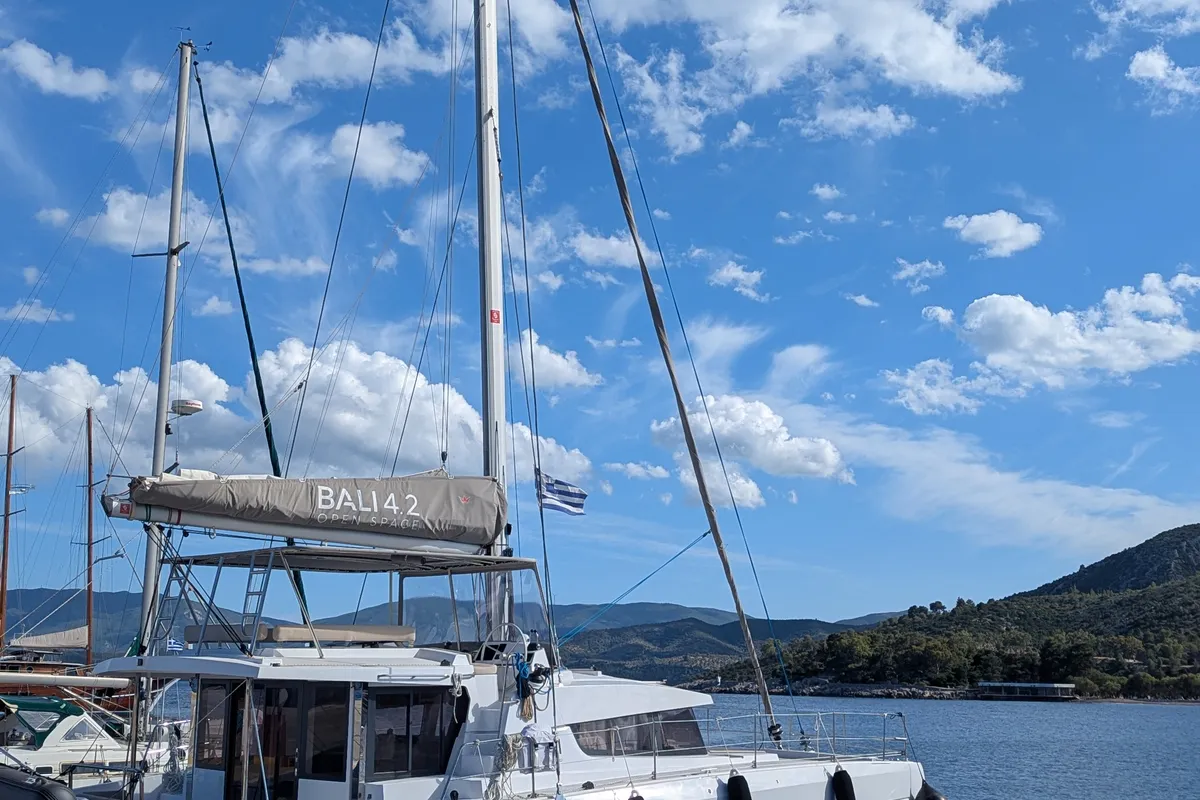 Exterior view of Leo, a Bali 4.2 catamaran at Lavreotiki Municipal Unit, Greece