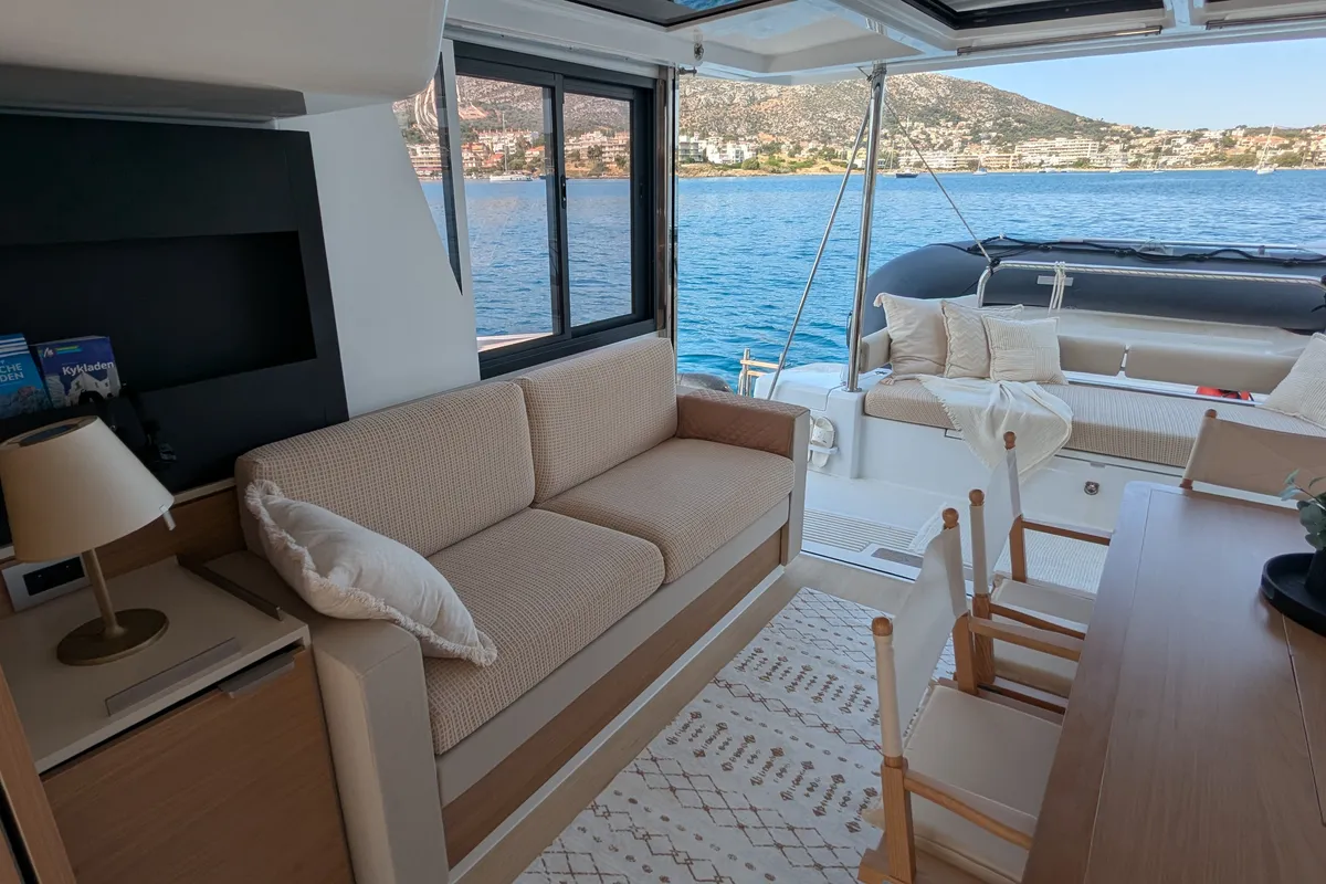 Salon of Leo, a Bali 4.2 catamaran at Lavreotiki Municipal Unit, Greece