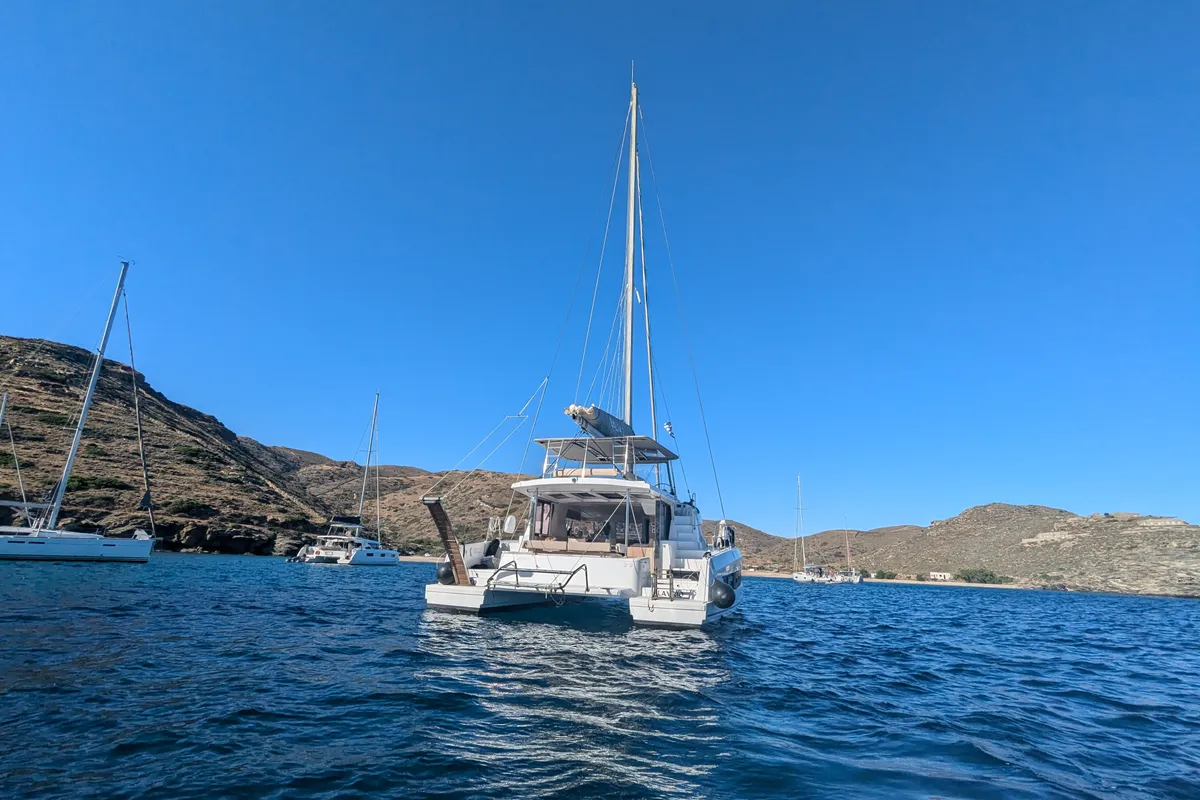 Exterior view of Leo, a Bali 4.2 catamaran at Lavreotiki Municipal Unit, Greece