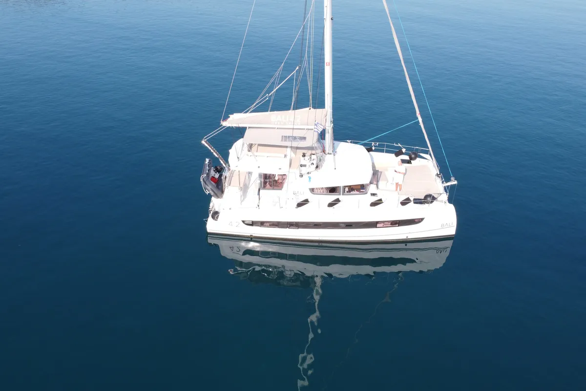 Exterior view of Leo, a Bali 4.2 catamaran at Lavreotiki Municipal Unit, Greece