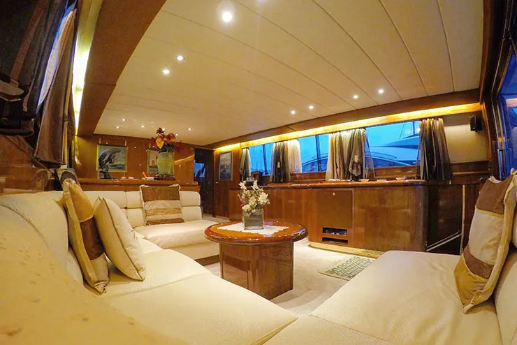 Salon of Falcon 76, a motor yacht at Olbia, Italy