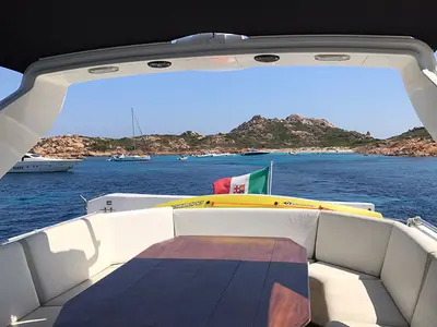 Deck of Falcon 76, a motor yacht at Olbia, Italy