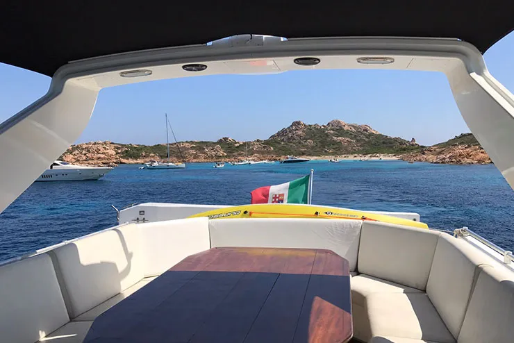 Deck of Falcon 76, a motor yacht at Olbia, Italy