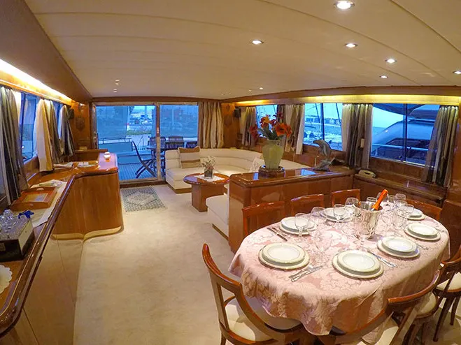 Salon of Falcon 76, a motor yacht at Olbia, Italy