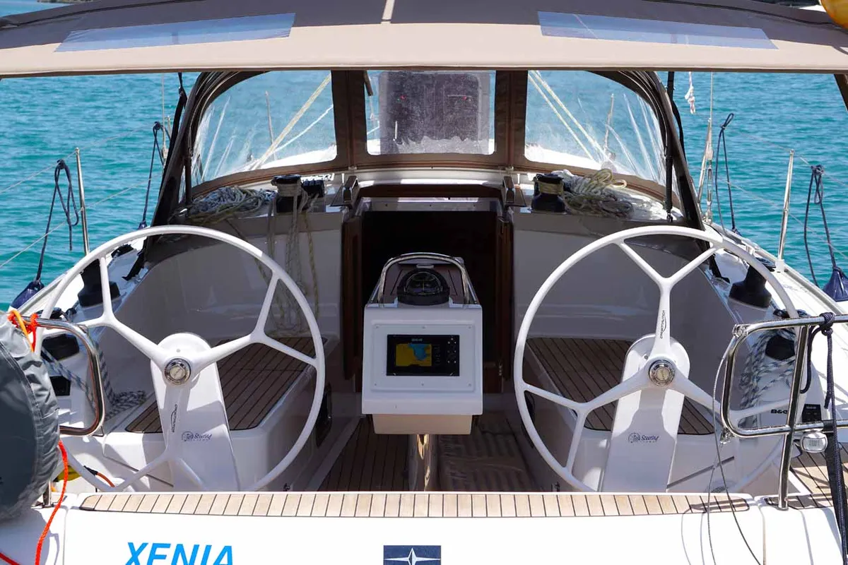 Cockpit of Xenia, a Bavaria Cruiser 37 sailboat at Municipal Unit of Lefkada, Greece