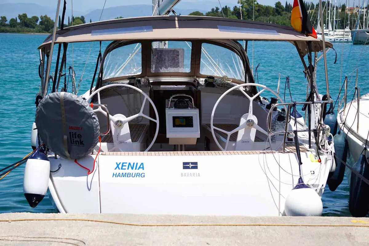 Cockpit of Xenia, a Bavaria Cruiser 37 sailboat at Municipal Unit of Lefkada, Greece