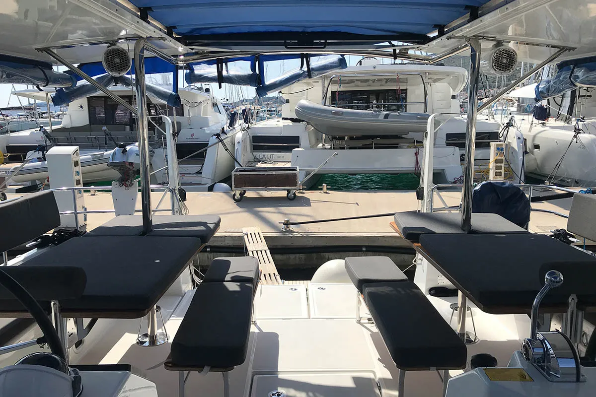 Deck of Asti, a Jeanneau Sun Loft 47 sailboat at Seget Donji, Croatia