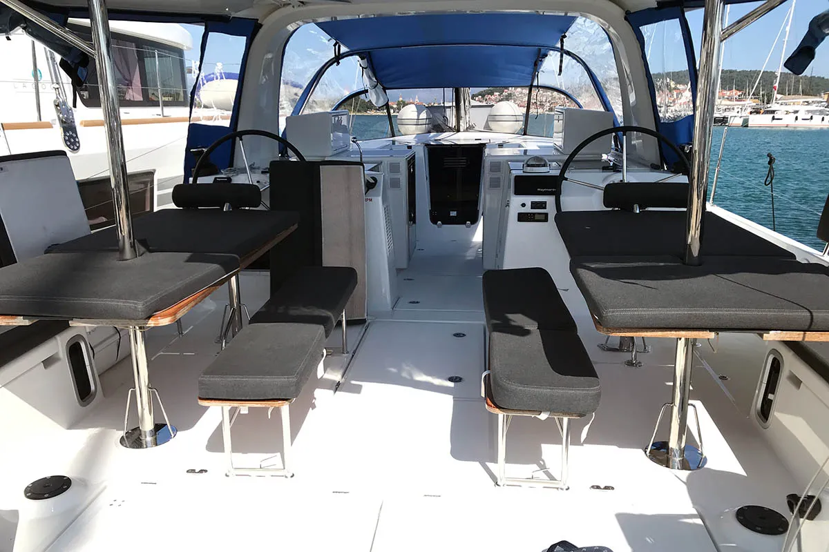Deck of Asti, a Jeanneau Sun Loft 47 sailboat at Seget Donji, Croatia