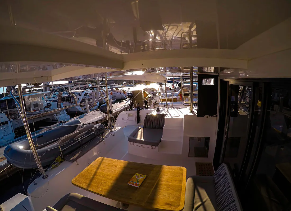 Deck of Chamotte, a Lagoon 42 catamaran at Lavrion, Greece