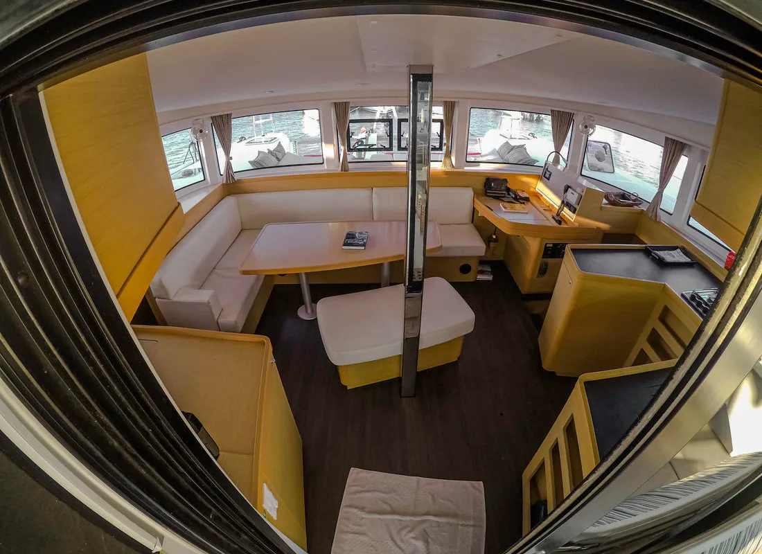 Salon of Chamotte, a Lagoon 42 catamaran at Lavrion, Greece