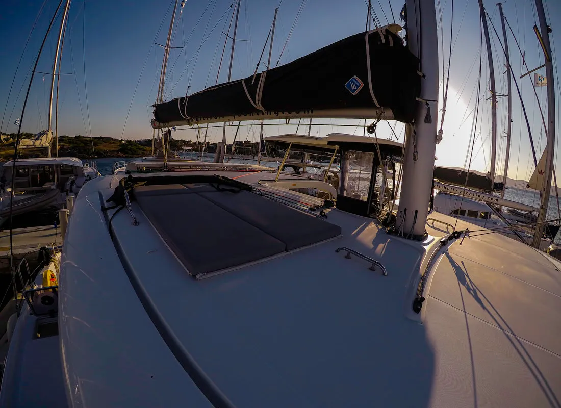 Deck of Chamotte, a Lagoon 42 catamaran at Lavrion, Greece