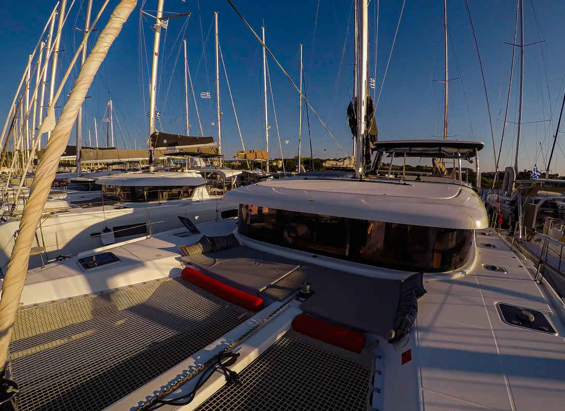 Deck of Chamotte, a Lagoon 42 catamaran at Lavrion, Greece