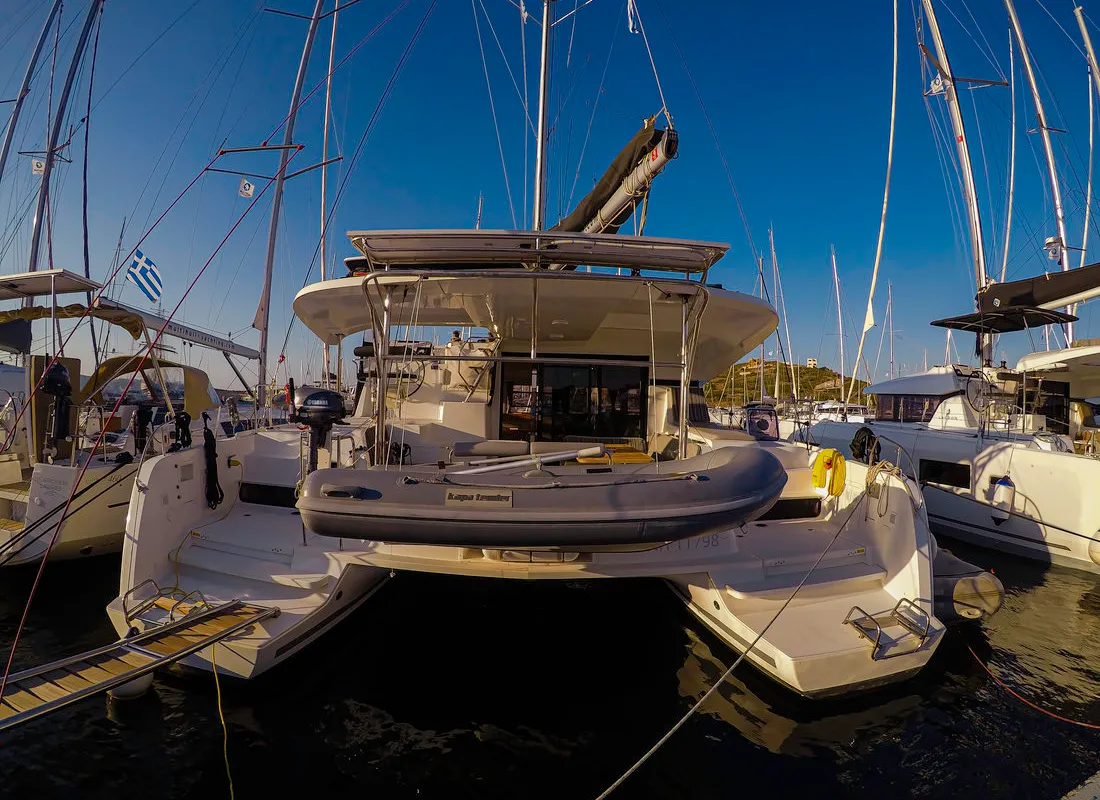 Exterior view of Chamotte, a Lagoon 42 catamaran at Lavrion, Greece