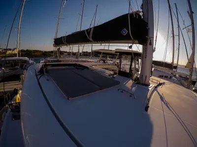 Deck of Chamotte, a Lagoon 42 catamaran at Lavrion, Greece