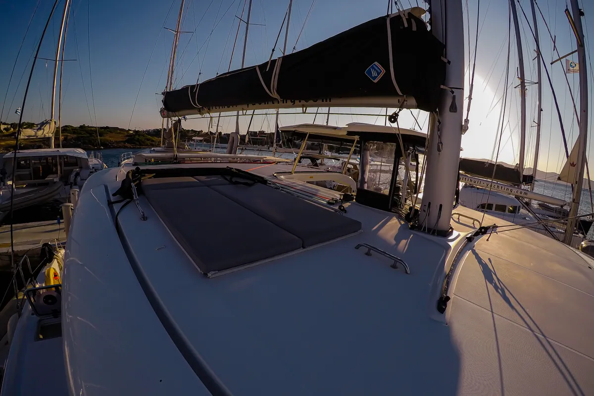 Deck of Chamotte, a Lagoon 42 catamaran at Lavrion, Greece