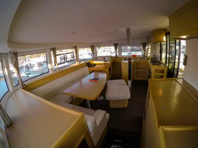 Salon of Chamotte, a Lagoon 42 catamaran at Lavrion, Greece