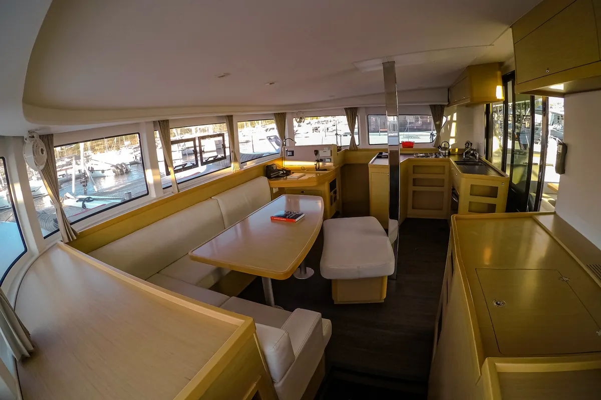 Salon of Chamotte, a Lagoon 42 catamaran at Lavrion, Greece