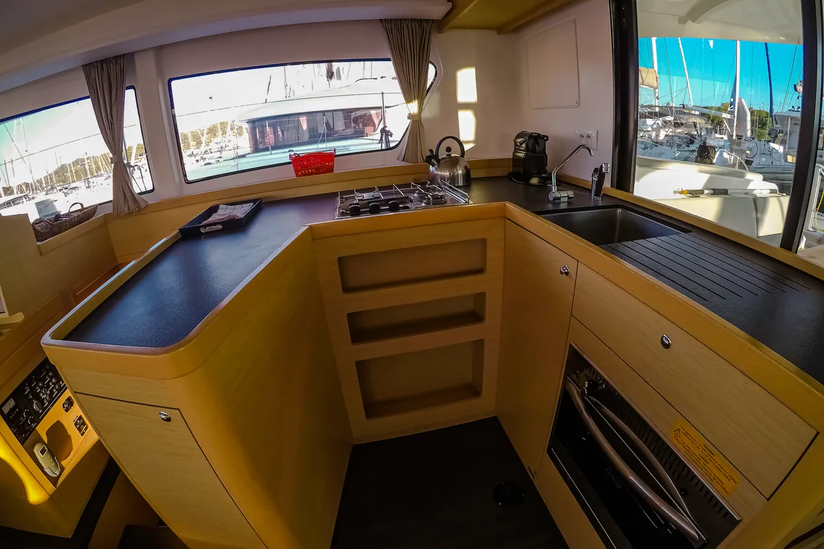 Galley of Chamotte, a Lagoon 42 catamaran at Lavrion, Greece