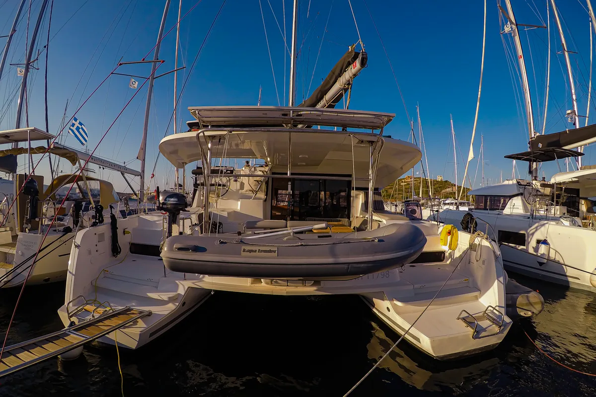 Exterior view of Chamotte, a Lagoon 42 catamaran at Lavrion, Greece