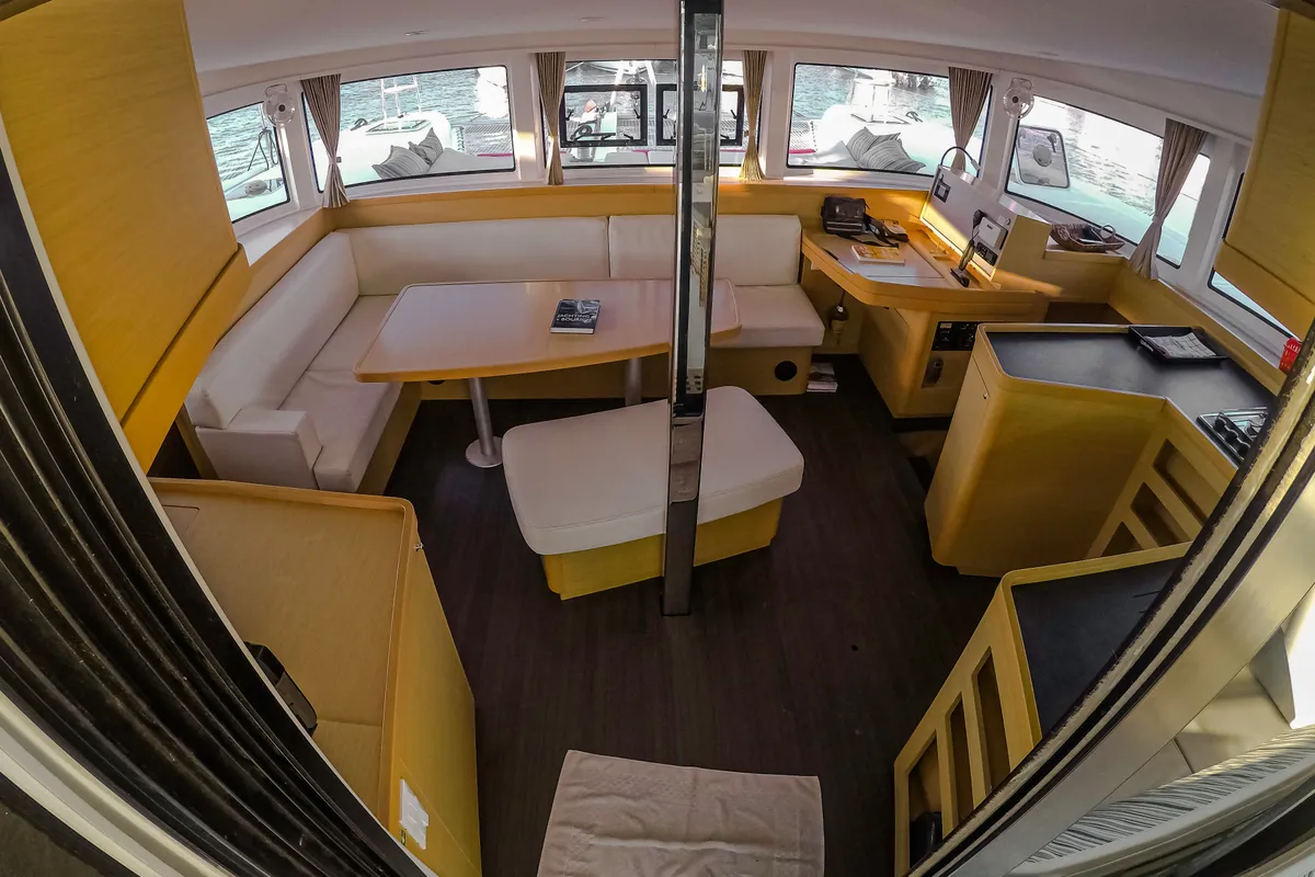 Salon of Chamotte, a Lagoon 42 catamaran at Lavrion, Greece