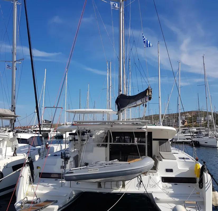Exterior view of Chamotte, a Lagoon 42 catamaran at Lavrion, Greece